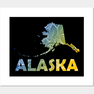 Colorful mandala art map Alaska with text in blue and yellow Posters and Art